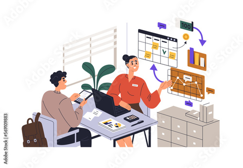 Business advisor, financial expert with client in office. Bank worker, finance adviser consulting customer on investments, money strategy. Flat vector illustration isolated on white background