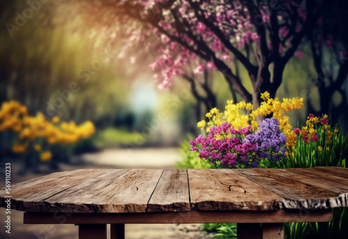 Wooden table place for an object in the garden with flowers. Generative AI 