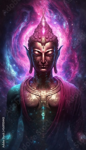 Buddha Spiritual Mindfulness Consciousness Universe Psychedelic Trippy Oneness Awakening Enlightenment New Age Concept. Generative AI. photo