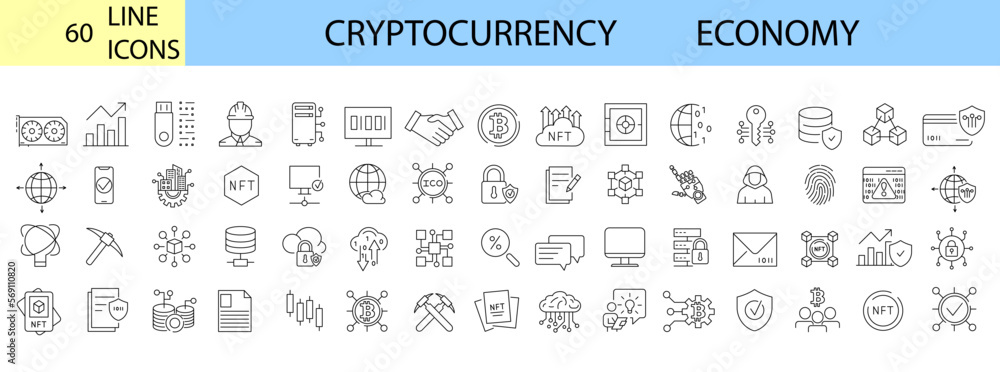 Cryptocurrency economy web icons collection. Blockchain package. Bitcoin, NFT, Vector illustration