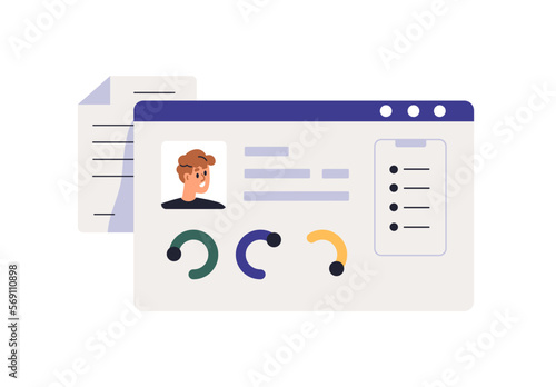 Profile card with personal information, data, customer statistics, abstract indicators. Account with avatar and individual rank, rate assessment. Flat vector illustration isolated on white background