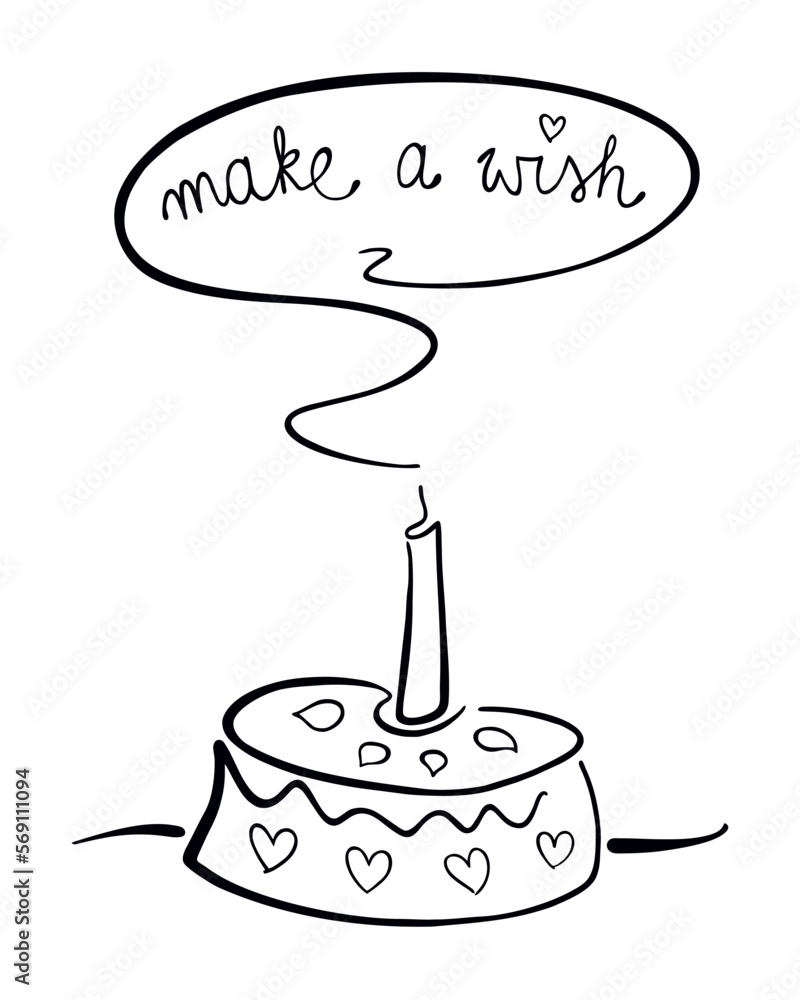 Tort urodzinowy ze zdmuchniętą świeczką, pomyśl życzenie. Czarno-biała ilustracja wektorowa, prosty rysunek odręczny. Torcik na urodziny, rocznica, zgaszona świeczka  - obrazy, fototapety, plakaty 