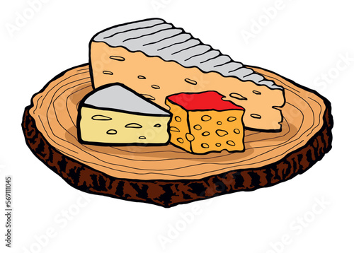 Deska pysznych serów. Francuskie sery pleśniowe brie i camembert, szwajcarski ser żółty na drewnianej desce. Słona przekąska złożona z różnych rodzajów sera. Kolorowy rysunek, ilustracja wektorowa