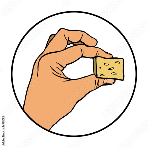 Dłoń trzymająca w palcach kawałek miękkiego francuskiego sera. Szczupła ręka z kawałkiem żółtego sera. Symbol dłoni w kole. Ilustracja wektorowa, kolorowy rysunek.