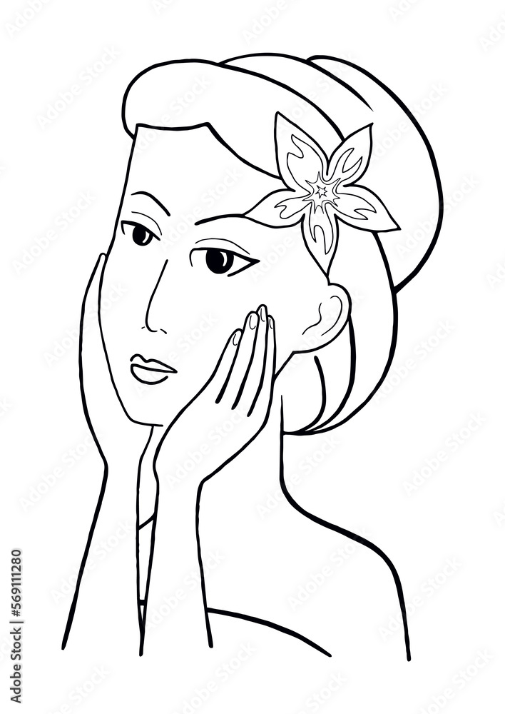 Młoda ładna kobieta, odręczny rysunek czarno-biały. Dziewczyna z kwiatem we włosach podczas pielęgnacji swojej twarzy. Portret kobiety z dłońmi na twarzy - obrazy, fototapety, plakaty 