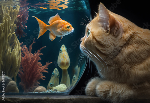 The cat looks at the fish in the aquarium. Generative AI 
