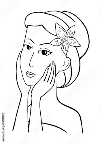 Młoda ładna kobieta, odręczny rysunek czarno-biały. Dziewczyna z kwiatem we włosach podczas pielęgnacji swojej twarzy. Portret kobiety z dłońmi na twarzy