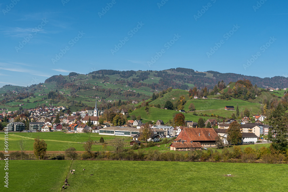 View of the village Nesslau, Toggenburg region, Canton Sankt Gallen, Switzerland