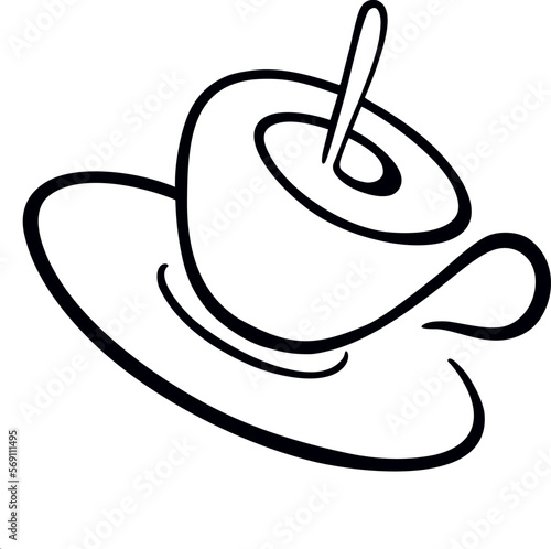 Filiżanka kawy ze spodkiem. Gorąca kawa z pianką mieszana łyżeczką. Prosty rysunek czarno-biały, logo, ilustracja wektorowa