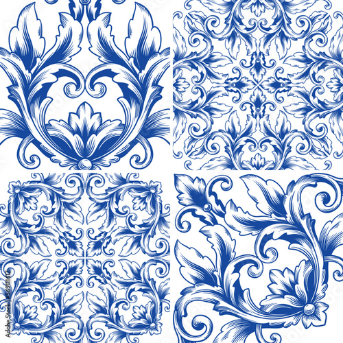 Tile seamless vector pattern, Lisbon navy blue retro tiles design collection. Ornamental indigo background inspired by Spanish and Portuguese traditional geometric tiles with flower.