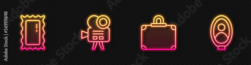 Set line Suitcase, Big full length mirror, Retro cinema camera and Portrait picture museum. Glowing neon icon. Vector