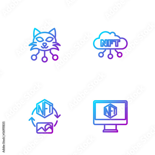 Set line Monitor with art store app, NFT Digital crypto, and cloud. Gradient color icons. Vector