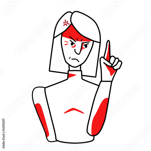 Angry woman, annoyed emotion. Irritated half body female line drawing with red spots, evil mood maiden, threatened with a finger.