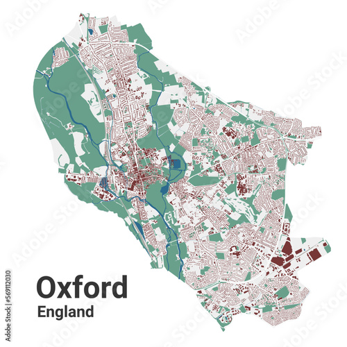 Oxford city map, England, the United Kingdom. Detailed administrative map with roads and railways, parks, buildings and rivers.
