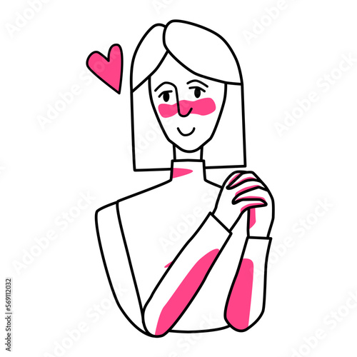 Shy woman with emotion of love. Beloved female half body drawing, sweetheart tender mood of a maid, amour affection flirting. Line with pink spots style.