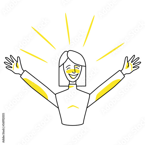 Happy woman, emotion of happiness. Joyful maiden half body vector drawing, good spirit of a wife, hands to the sides. Line art with yellow spots.