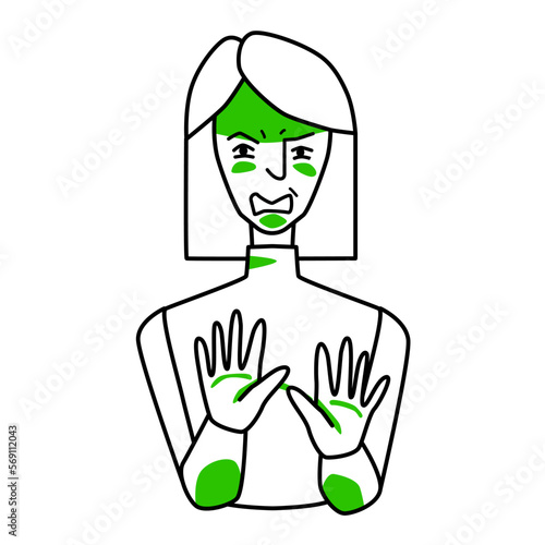 Woman with emotion of disgust. Disgusted half body female character with square hairstyle, no with her hands. Line with spots drawing.