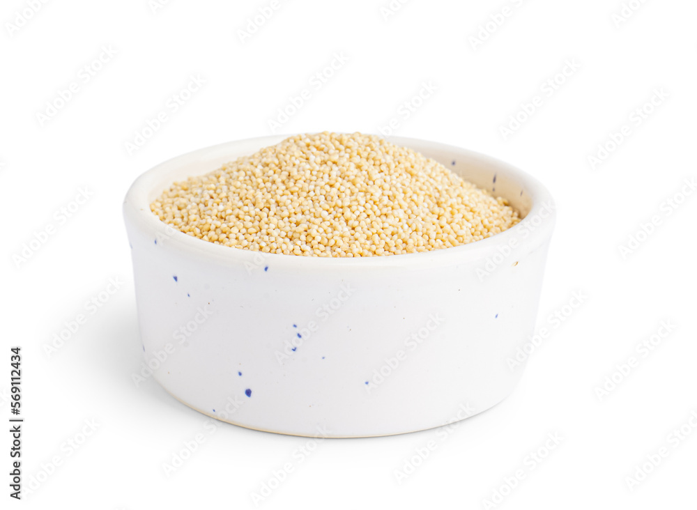 Ceramic bowl with amaranth seeds on white background Ceramic bowl with amaranth seeds on white background