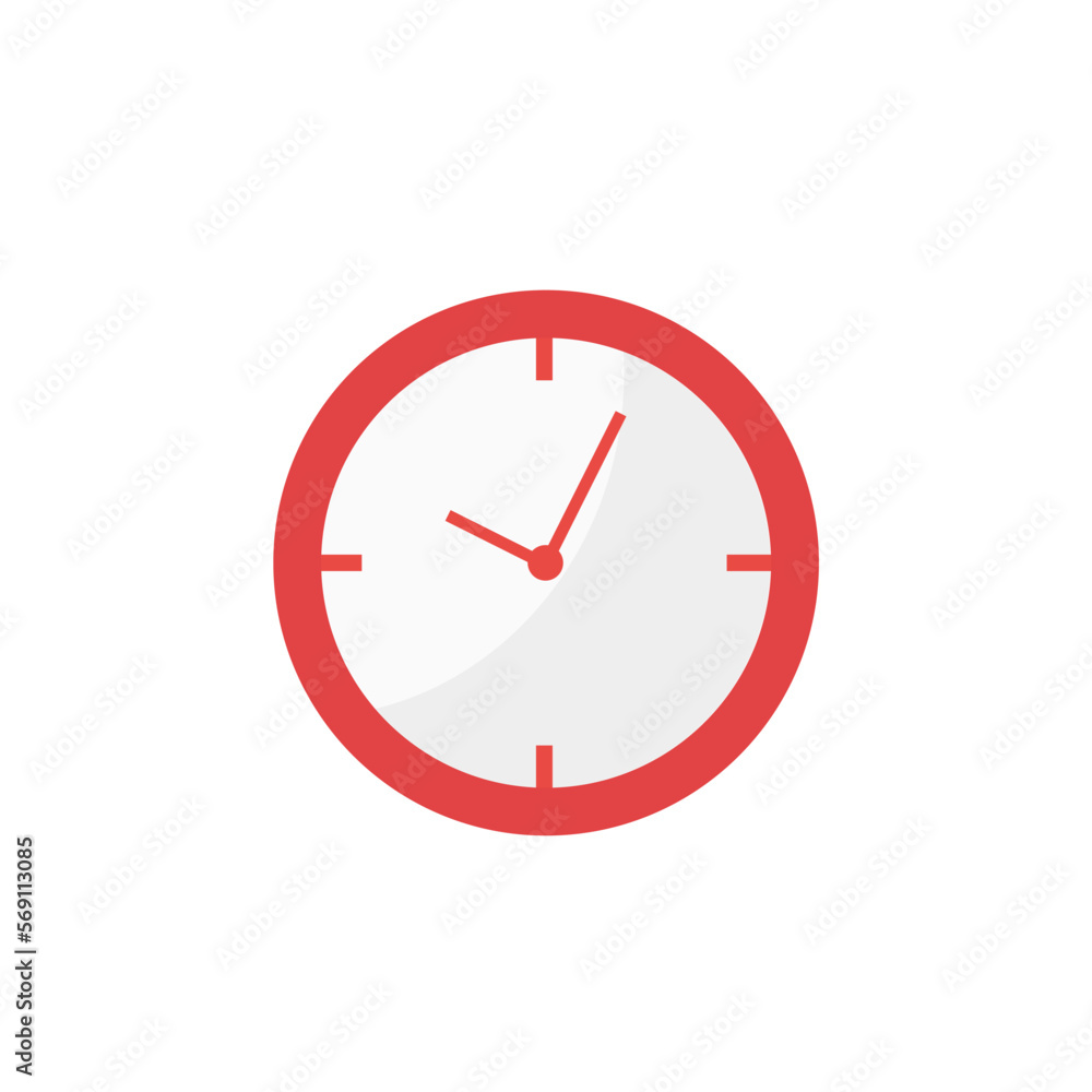 A red clock icon. A clock vector on a white background. Flat-style clock icon. A red clock icon. A clock vector on a white background. Flat-style clock icon.