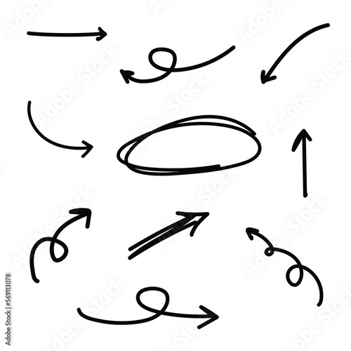 A set of arrows vector. Hand drawing arrow lines. Arrow doodles.