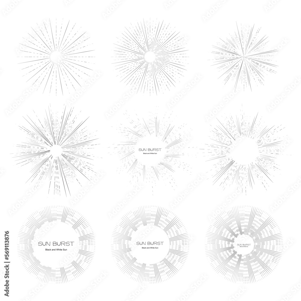 Obraz premium Vintage Sunburst, Black and White Sun Vector Icon, Bursting Sun Rays, Star Pictograph, Speed Lines