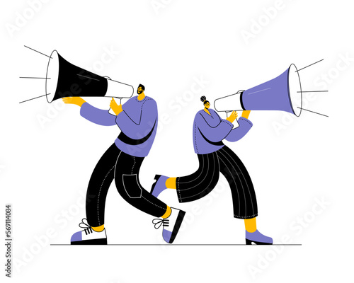 Man and woman shout into megaphone. Funny vector illustration in modern style on theme of attracting attention and hiring.