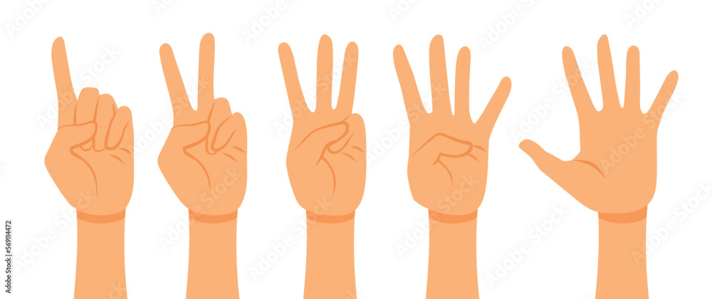 Counting Hands from One to Five Vector Set Illustration. Hand showing ...