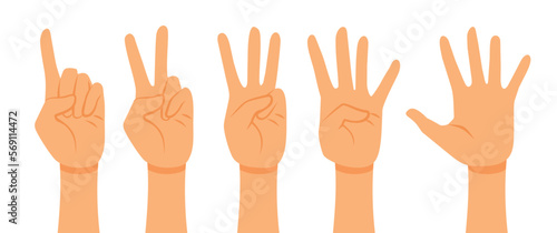 Counting Hands from One to Five Vector Set Illustration. Hand showing fingers in a preschool countdown 
