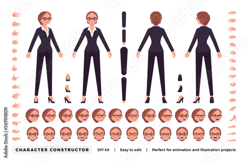 Businesswoman DIY character constructor. Office girl body parts. Head, hand gestures, leg, female manager different emotions. Vector flat style cartoon construction kit isolated on white background