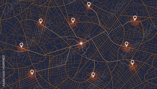 Gps map navigation to own house. City top view. View from above the map buildings. Detailed view of city. Decorative graphic tourist map. Abstract transportation background. Vector, illustration.