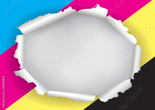 Ripped paper frame with print colors, round hole, banner template.
Torn paper with CMYK colors.Place for your image or text. Concept for presenting color printing. Vector available.