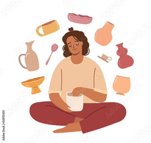Female potter making a pot out of clay concept. Teacher at pottery class concept.