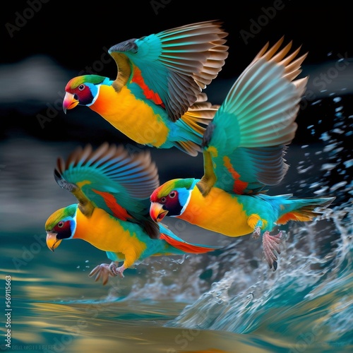 A family of brightly colored tropical birds taking off in flight © Digital Dreamscape