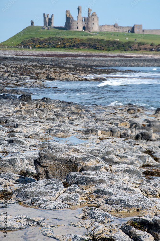 Rocky beach and sea with Dunstanburgh Castle in the background. Northumberland, UK