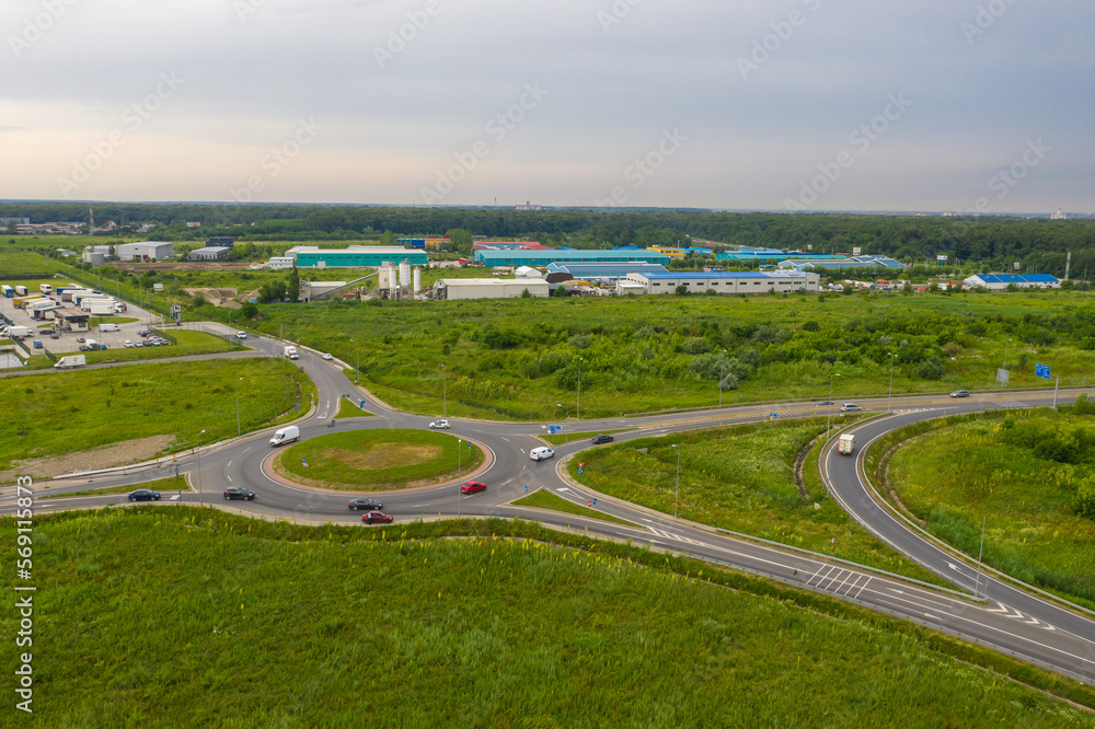 Aerial view of A3 Highway motorway road cross with city ring road (Centura Bucuresti DNBC in Romanian language) from Bucharest, Romania