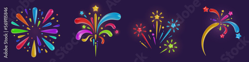Set 3d cartoon festive fireworks in realistic minimal style. Collection holiday color decoration elements. Cute explosion effect. Vector kids illustration.