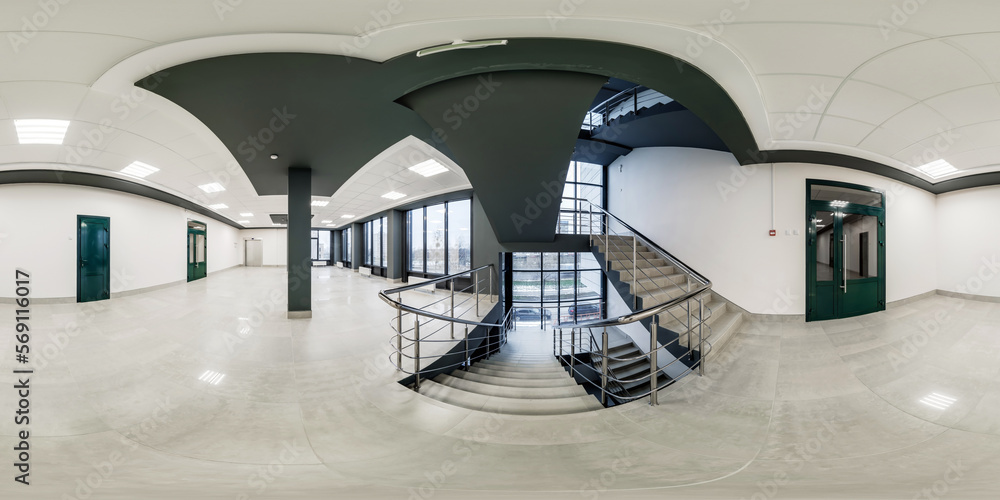 full seamless spherical hdri 360 panorama view in empty modern hall with columns and staircase, doors and panoramic windows in equirectangular projection, ready for AR VR content