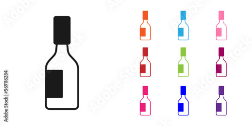 Black Tabasco sauce icon isolated on white background. Chili cayenne spicy pepper sauce. Set icons colorful. Vector