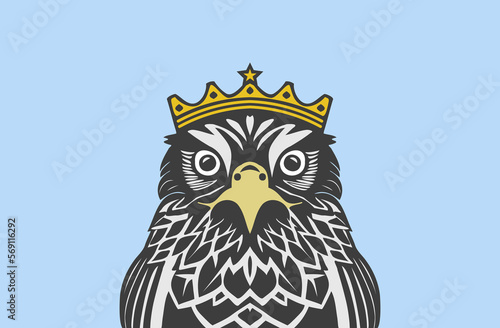 Vector bird with a yellow beak and a golden crown. King falcon on a blue background. Avian portrait.