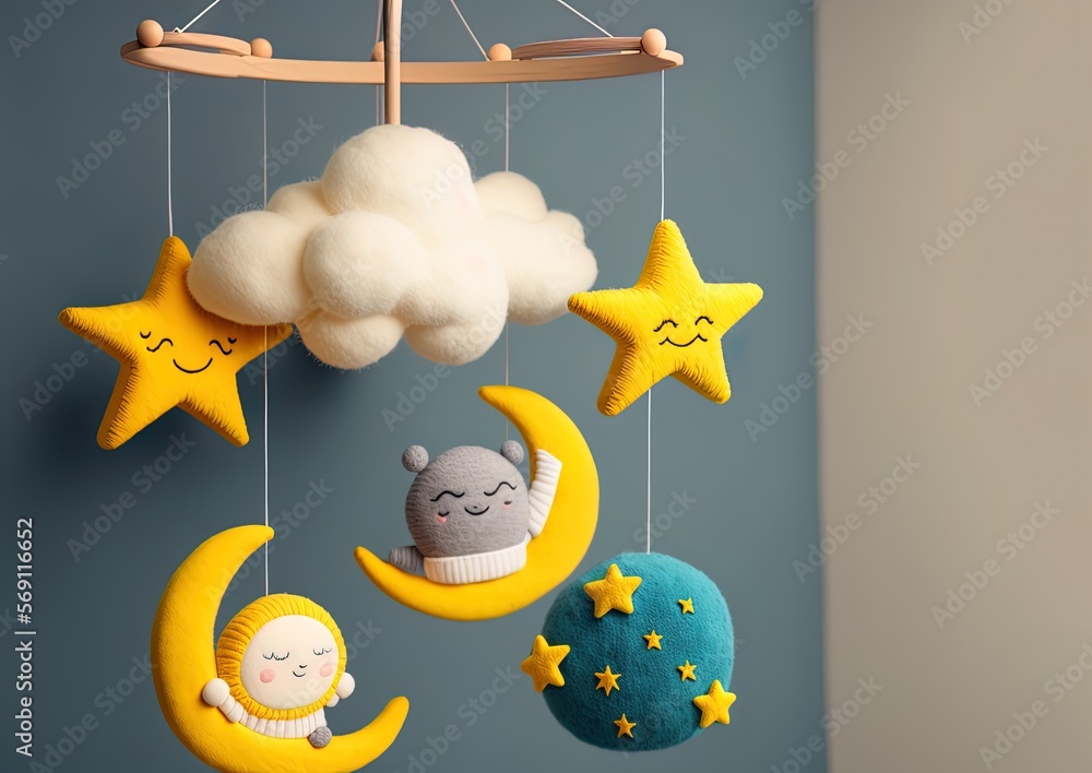 Stars, and a moon on a baby's bed mobile. Toys created by the youngsters hung over the