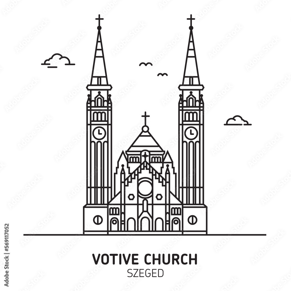 The Votive Church and Cathedral of Our Lady of Hungary in Szeged. Church vector illustration