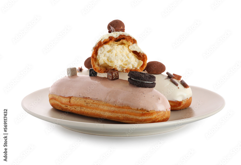 Plate with delicious eclairs isolated on white background Plate with delicious eclairs isolated on white background