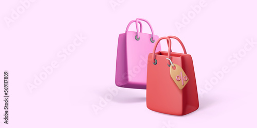 Pink and red paper shopping bags with price tag in 3D realistic style