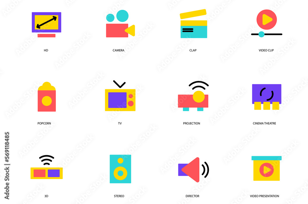 Cinema set of icons concept in the flat cartoon design. Devices and gadgets needed for shooting and watching movies. Cinema set of icons concept in the flat cartoon design. Devices and gadgets needed for shooting and watching movies.