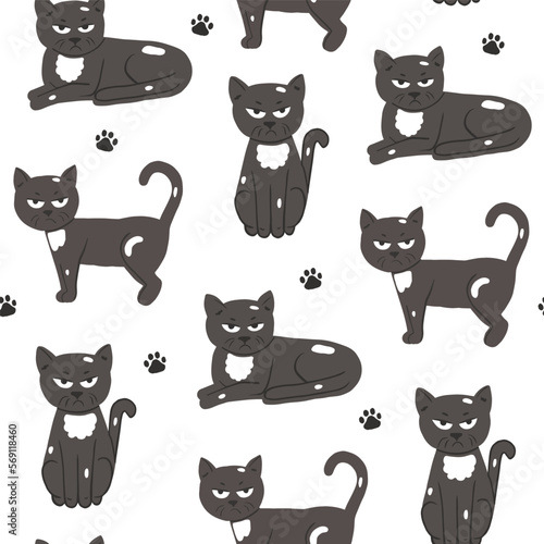 Cute seamless pattern with grumpy cat in cartoon style and paws print