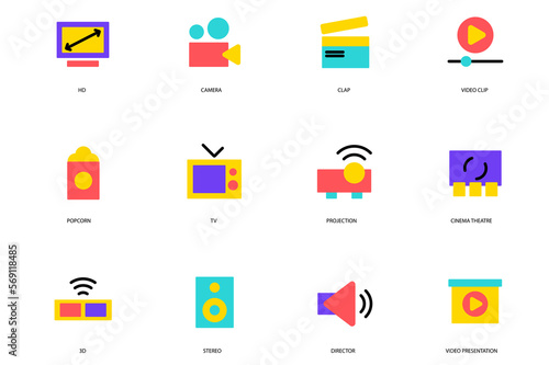Free Download Cinema set of icons concept in the flat cartoon design. Devices and gadgets needed for shooting and watching movies. - GFXLoad