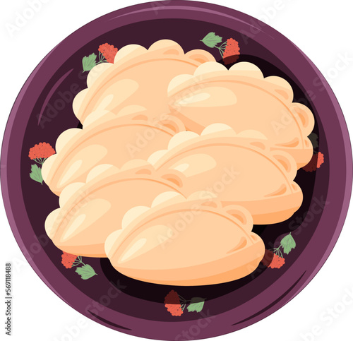 Ukrainian traditional varenyky in decorative plate. Vector cartoon illustration