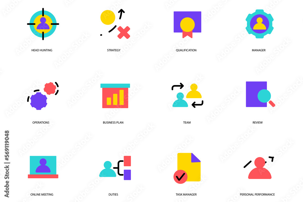 Management set of flat icons concept in the flat cartoon design. Images that represent activities that managers are engaged in. Management set of flat icons concept in the flat cartoon design. Images that represent activities that managers are engaged in.