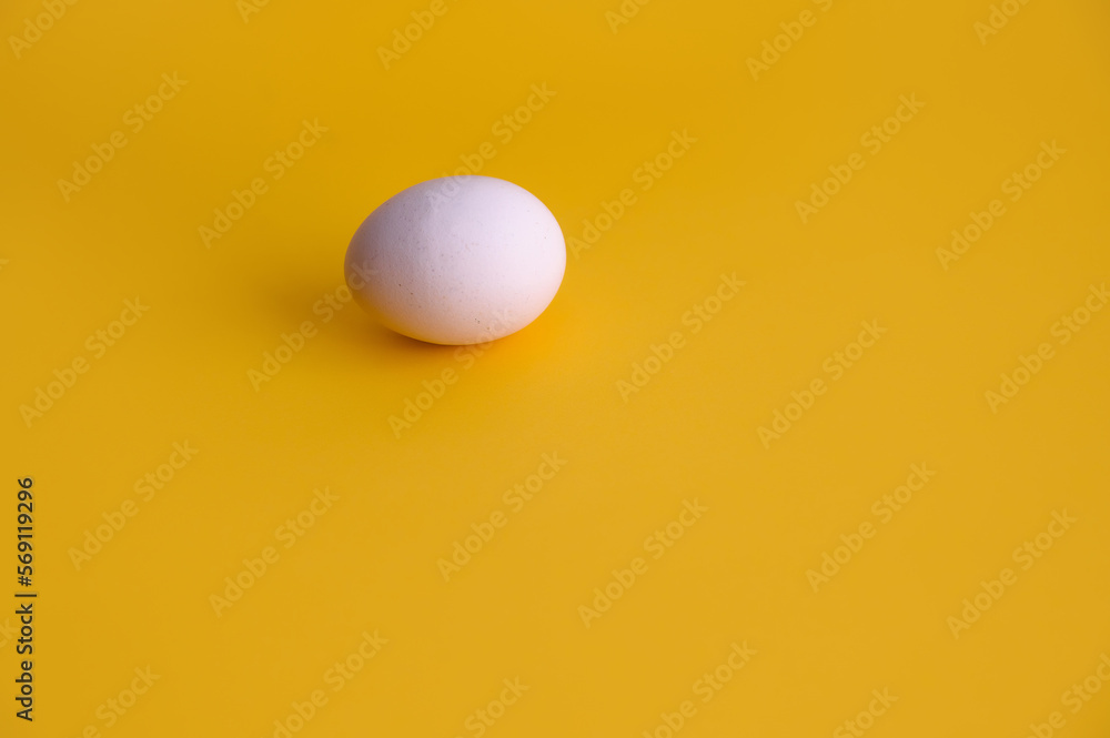 One white egg on a yellow background. Creative minimal concept. place for text One white egg on a yellow background. Creative minimal concept. place for text