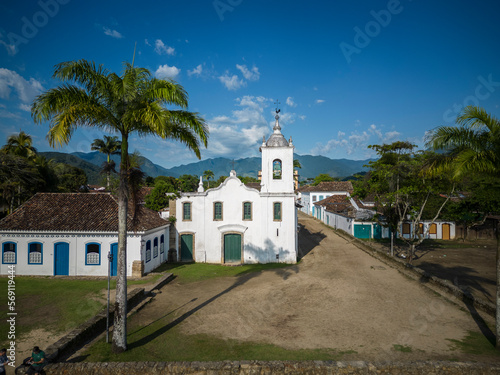 Beautiful view to old historic church building in small colonial town